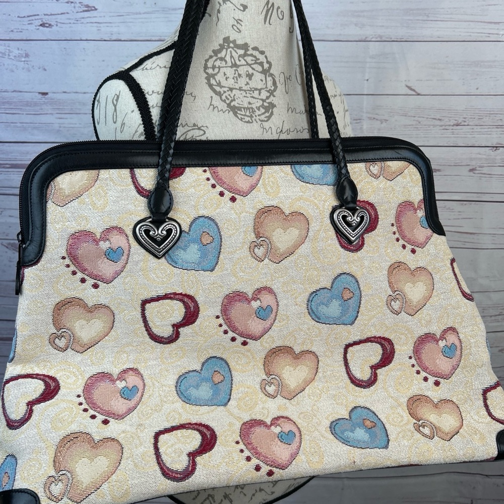 Brighton Large Hearts Valentine Canvas Leather Trim Tote Weekender Bag 90s - Picture 4 of 7